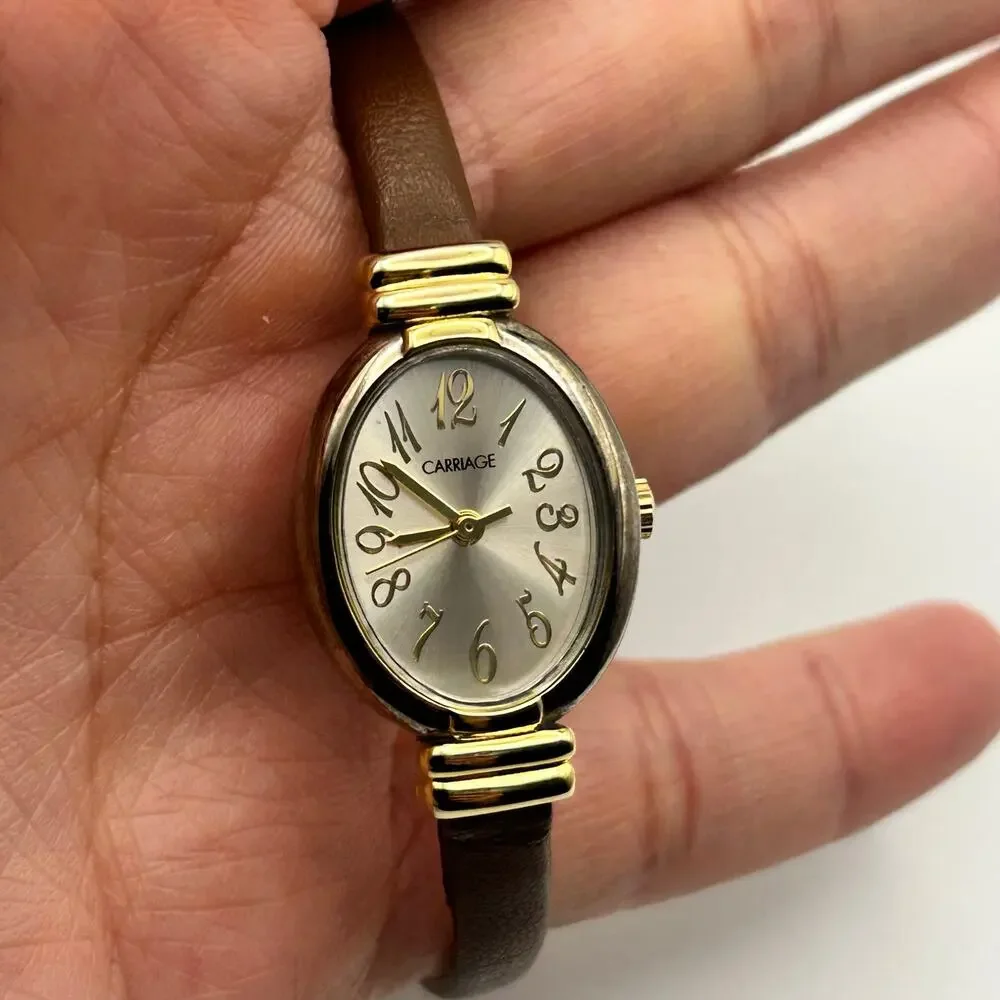 Carriage Gold Slim Brown Leather Women’s Watch Working New Battery